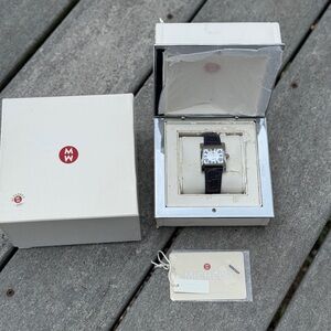 Michele Square Stainless Watch with White Dial and Black Leather Strap Womens